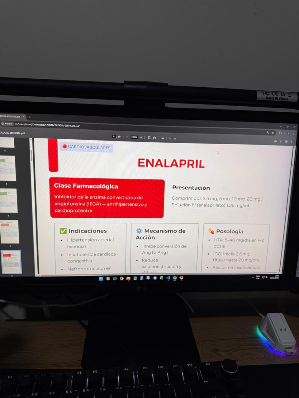 Ficha de Enalapril abierta en el monitor de una computadora