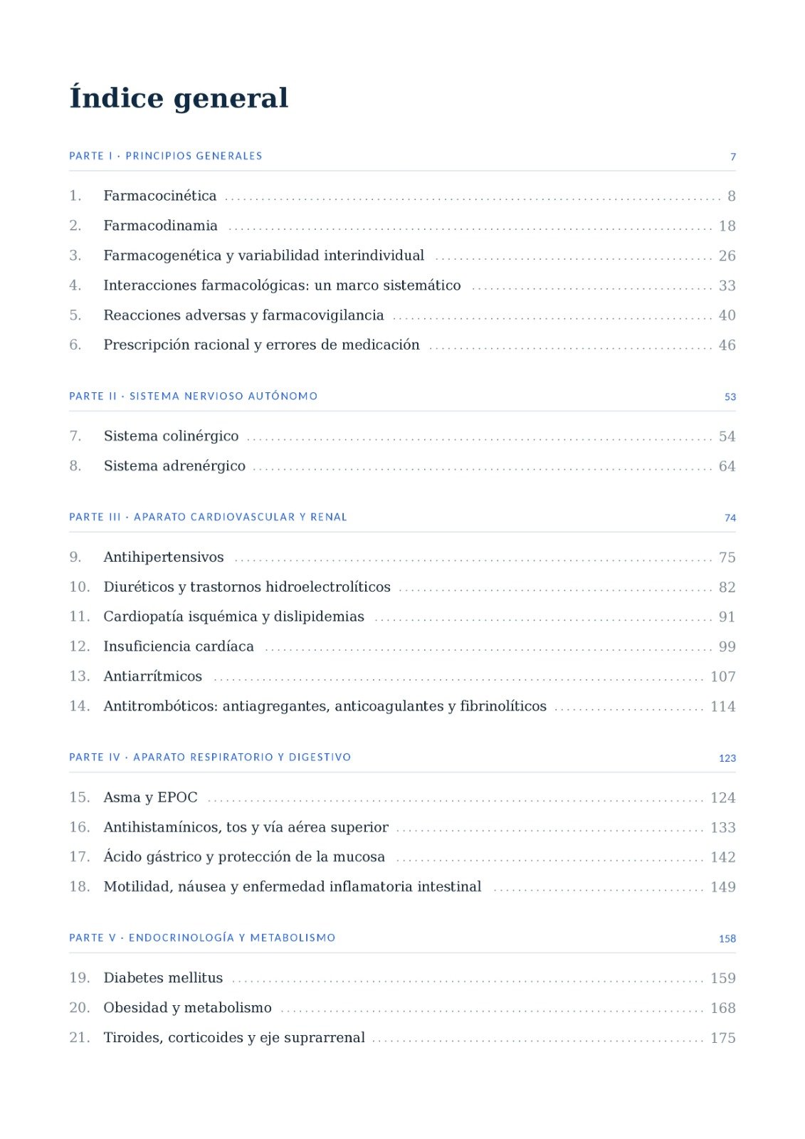 Índice general del manual: principios generales, sistema nervioso autónomo, aparato cardiovascular y renal, aparato respiratorio y digestivo, endocrinología y metabolismo