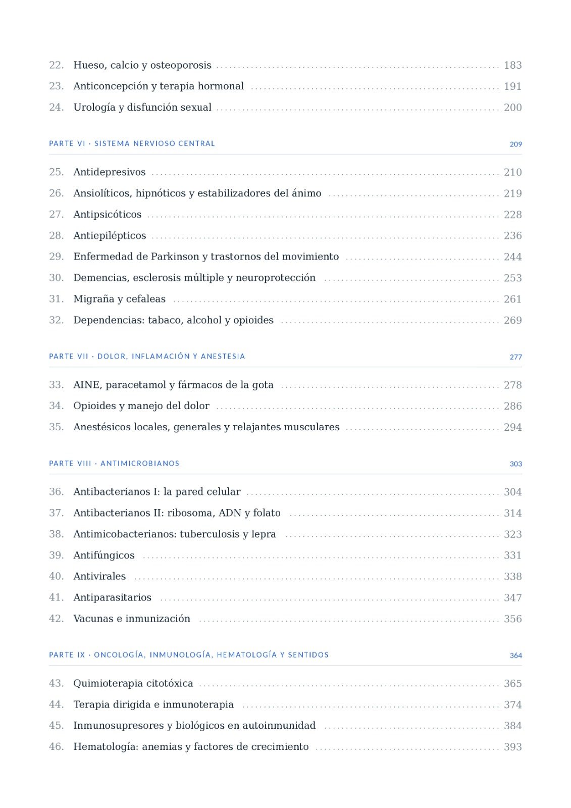 Índice general, partes VI a IX: sistema nervioso central, dolor e inflamación, antimicrobianos, oncología e inmunología