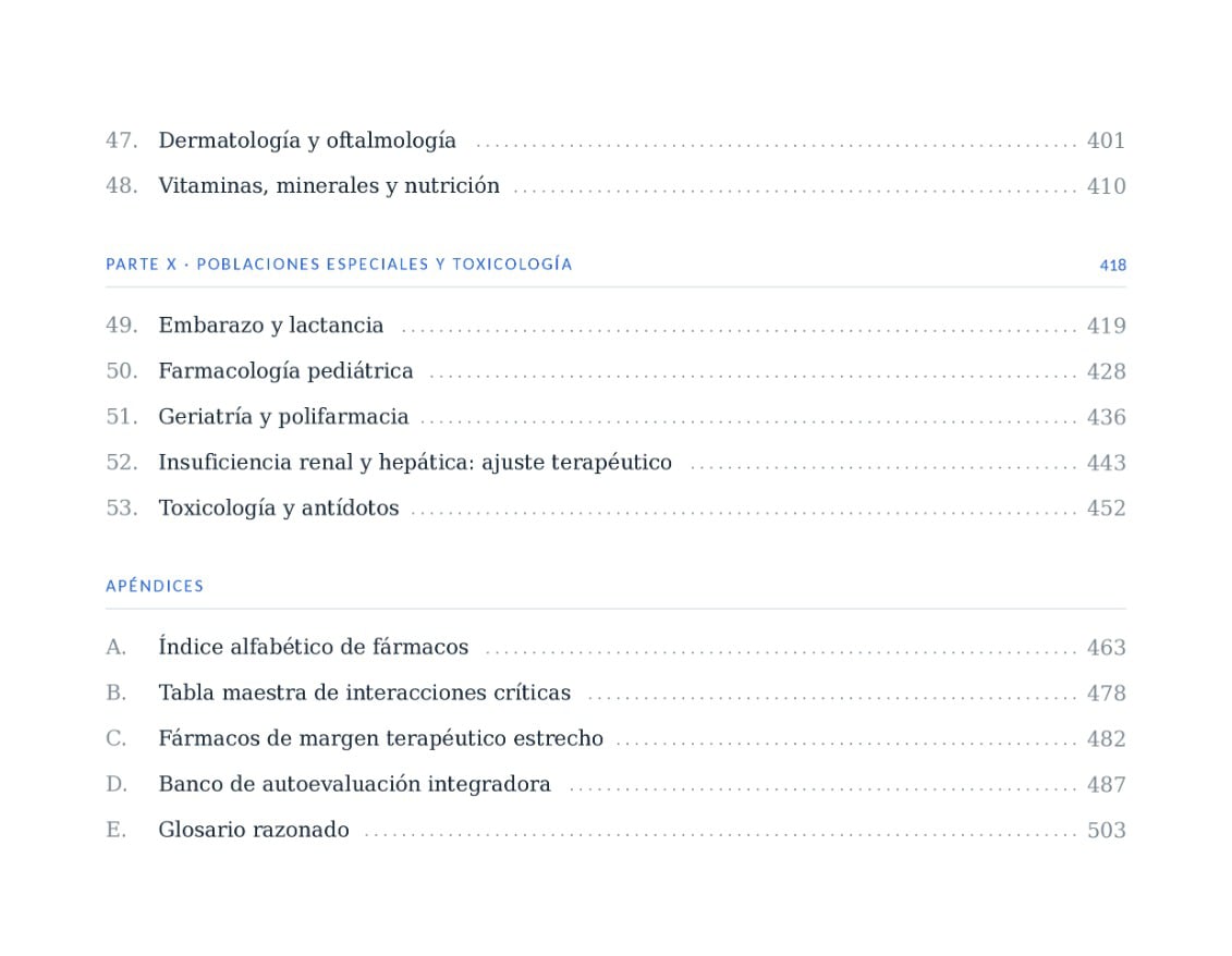 Índice general, parte X y apéndices: poblaciones especiales, toxicología, índice alfabético de fármacos y tablas de consulta