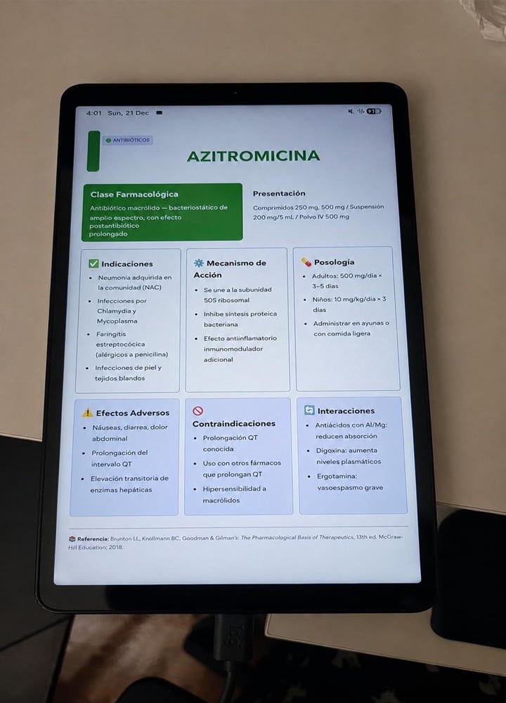 Ficha de Azitromicina abierta en una tablet apoyada en el escritorio