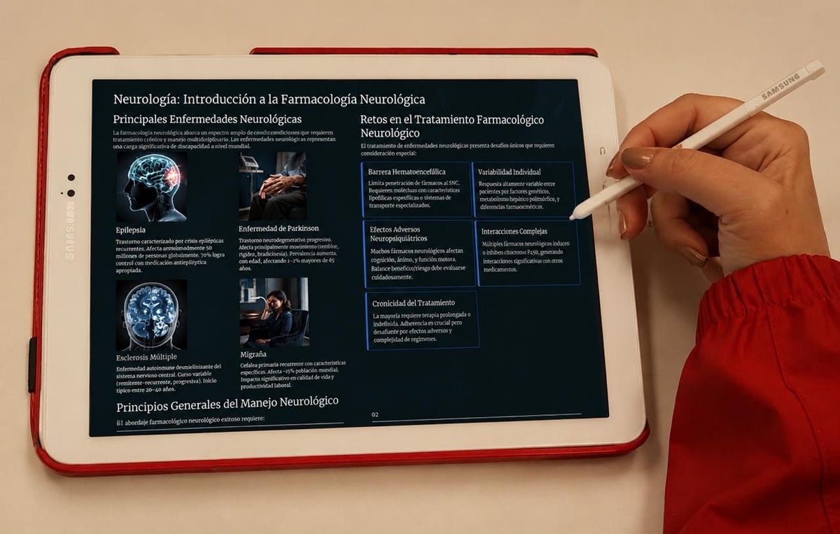 Capítulo de farmacología neurológica abierto en una tablet, con anotaciones a mano